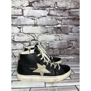 Tiurai Logo Black Leather High Top Lace Up Sneakers Shoes Women’s Sz 36EU/6M US